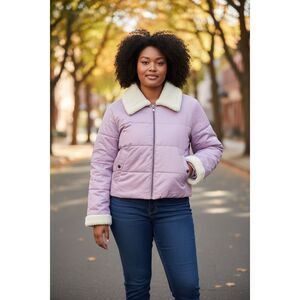 LOFT Sherpa Collar Lilac Puffer Jacket XXL Cozy Lined Zip Front Winter Coat